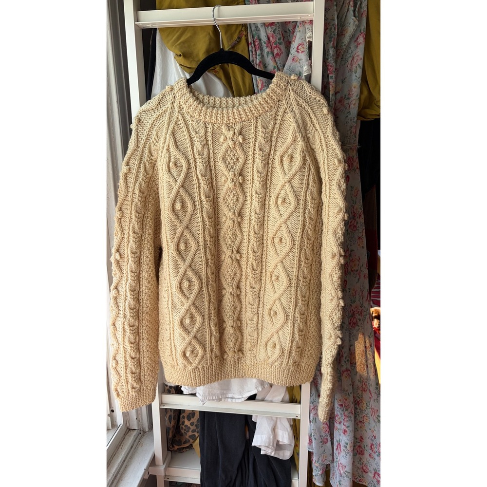 Vintage Bobble Cable Knit Sweater Womens L Cream Handmade Acrylic Fisherman